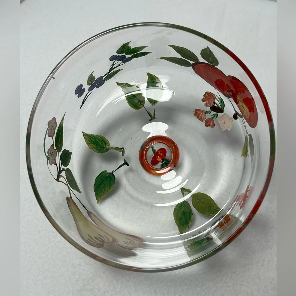 Vintage  Hand-Painted Glass Butter Dish with Red Fruit Motif